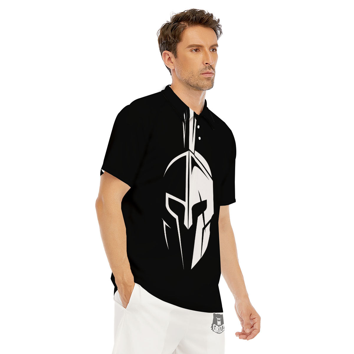Spartan Helmet White And Black Print Men's Golf Shirts-grizzshop