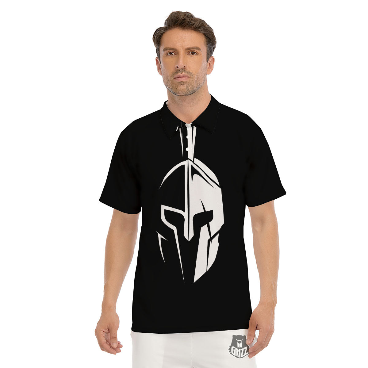 Spartan Helmet White And Black Print Men's Golf Shirts-grizzshop