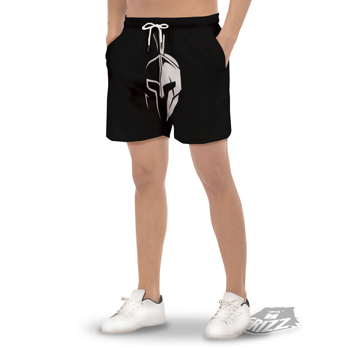 Spartan Helmet White And Black Print Men's Gym Shorts-grizzshop