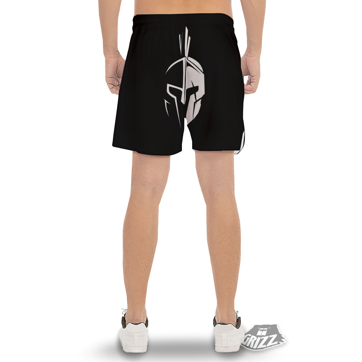 Spartan Helmet White And Black Print Men's Gym Shorts-grizzshop