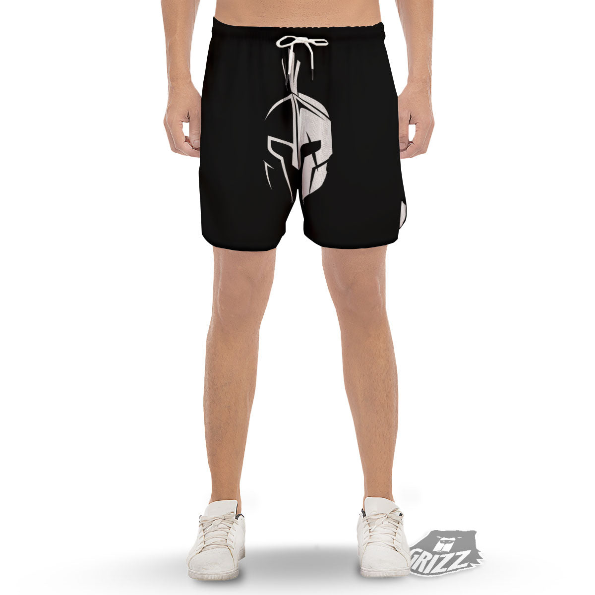 Spartan Helmet White And Black Print Men's Gym Shorts-grizzshop