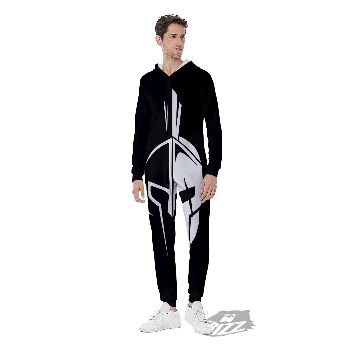 Spartan Helmet White And Black Print Men's Jumpsuit-grizzshop