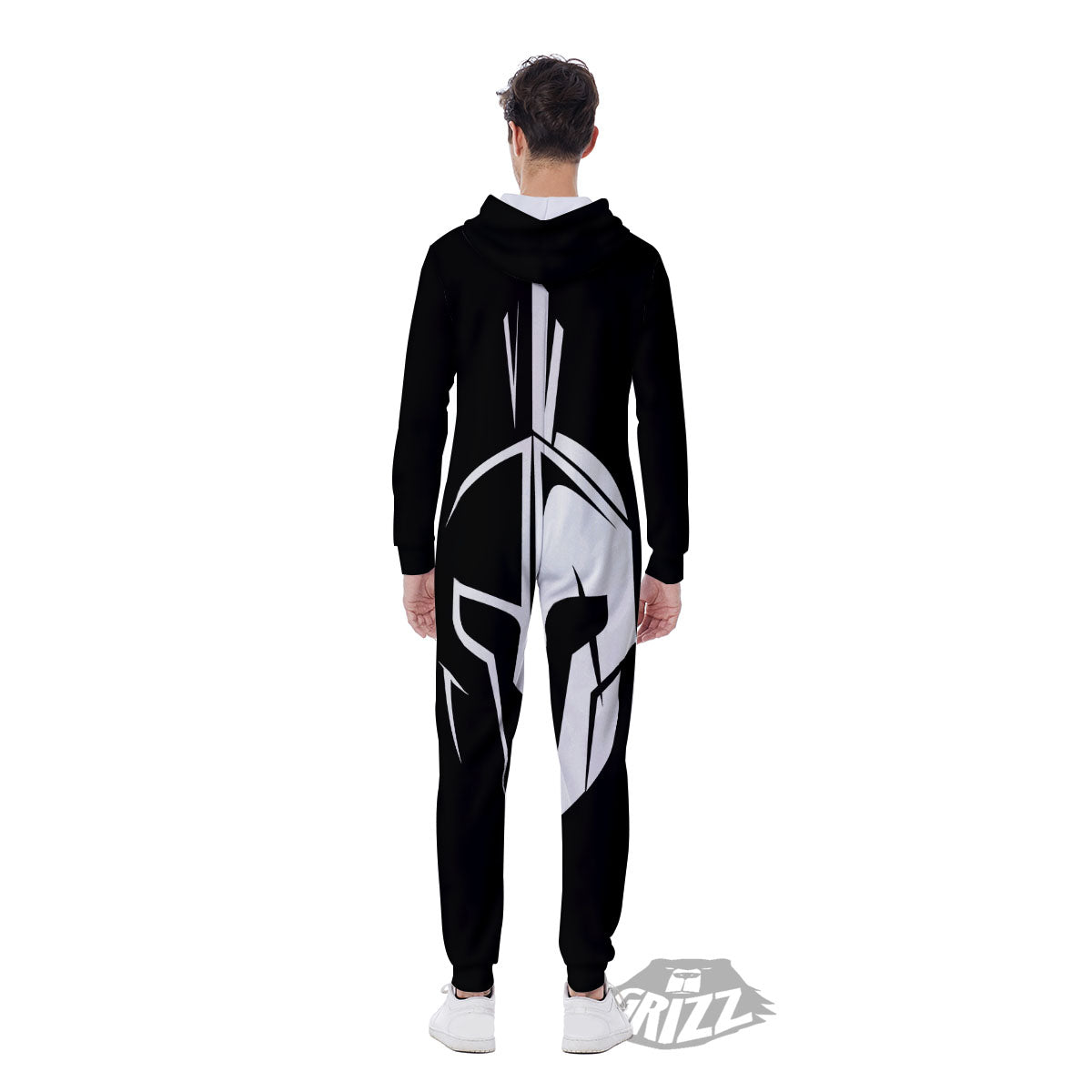 Spartan Helmet White And Black Print Men's Jumpsuit-grizzshop