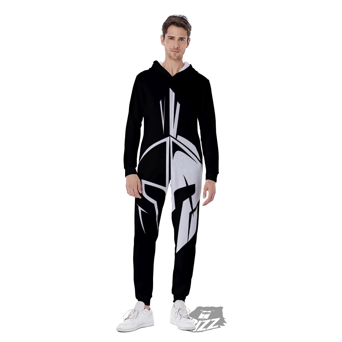 Spartan Helmet White And Black Print Men's Jumpsuit-grizzshop
