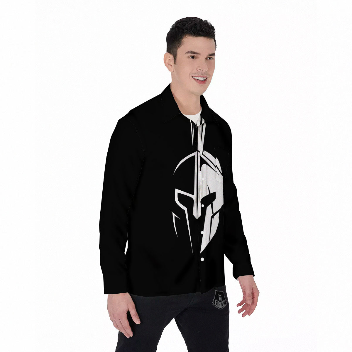 Spartan Helmet White And Black Print Men's Long Sleeve Shirts-grizzshop