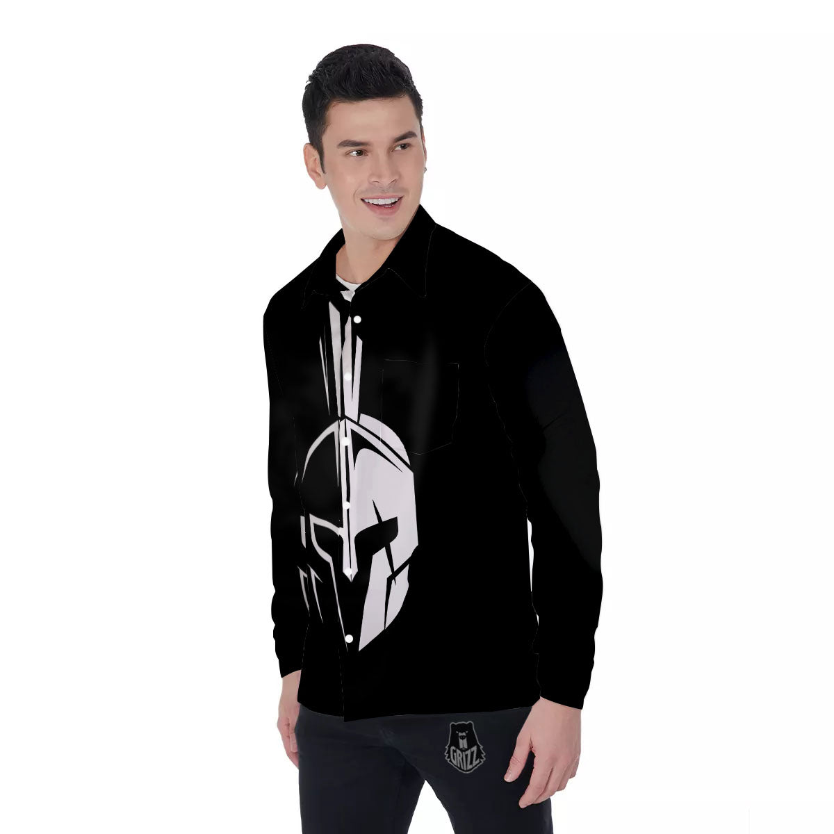 Spartan Helmet White And Black Print Men's Long Sleeve Shirts-grizzshop