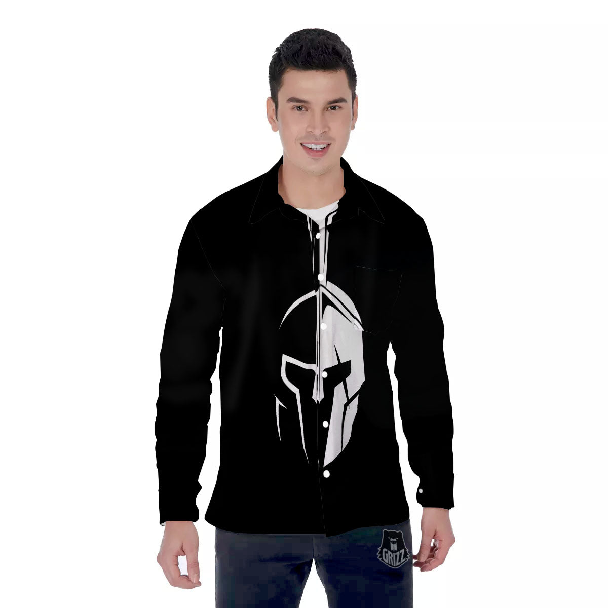 Spartan Helmet White And Black Print Men's Long Sleeve Shirts-grizzshop
