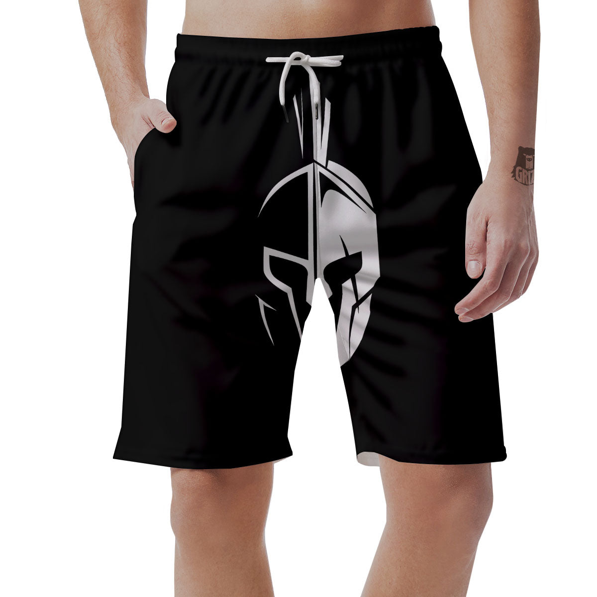 Spartan Helmet White And Black Print Men's Shorts-grizzshop