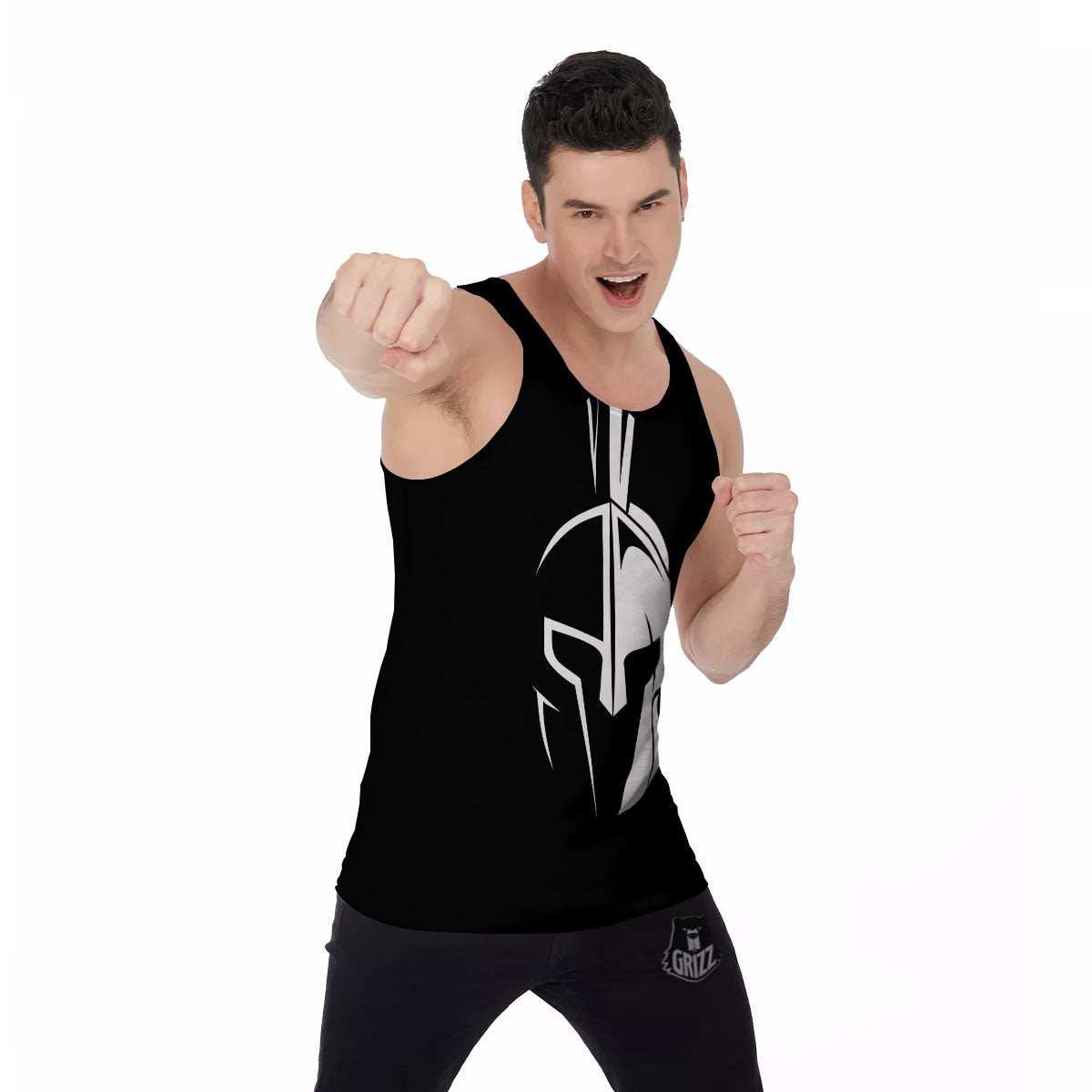 Spartan Helmet White And Black Print Men's Tank Top-grizzshop