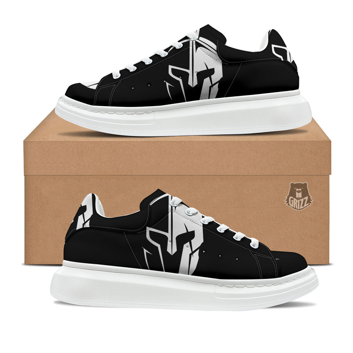 Spartan Helmet White And Black Print Platform Shoes-grizzshop