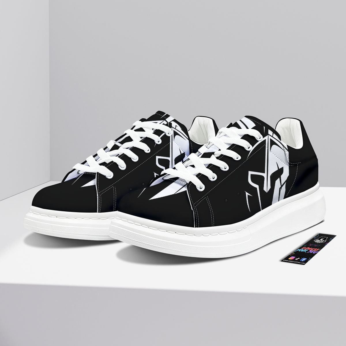 Spartan Helmet White And Black Print Platform Shoes-grizzshop