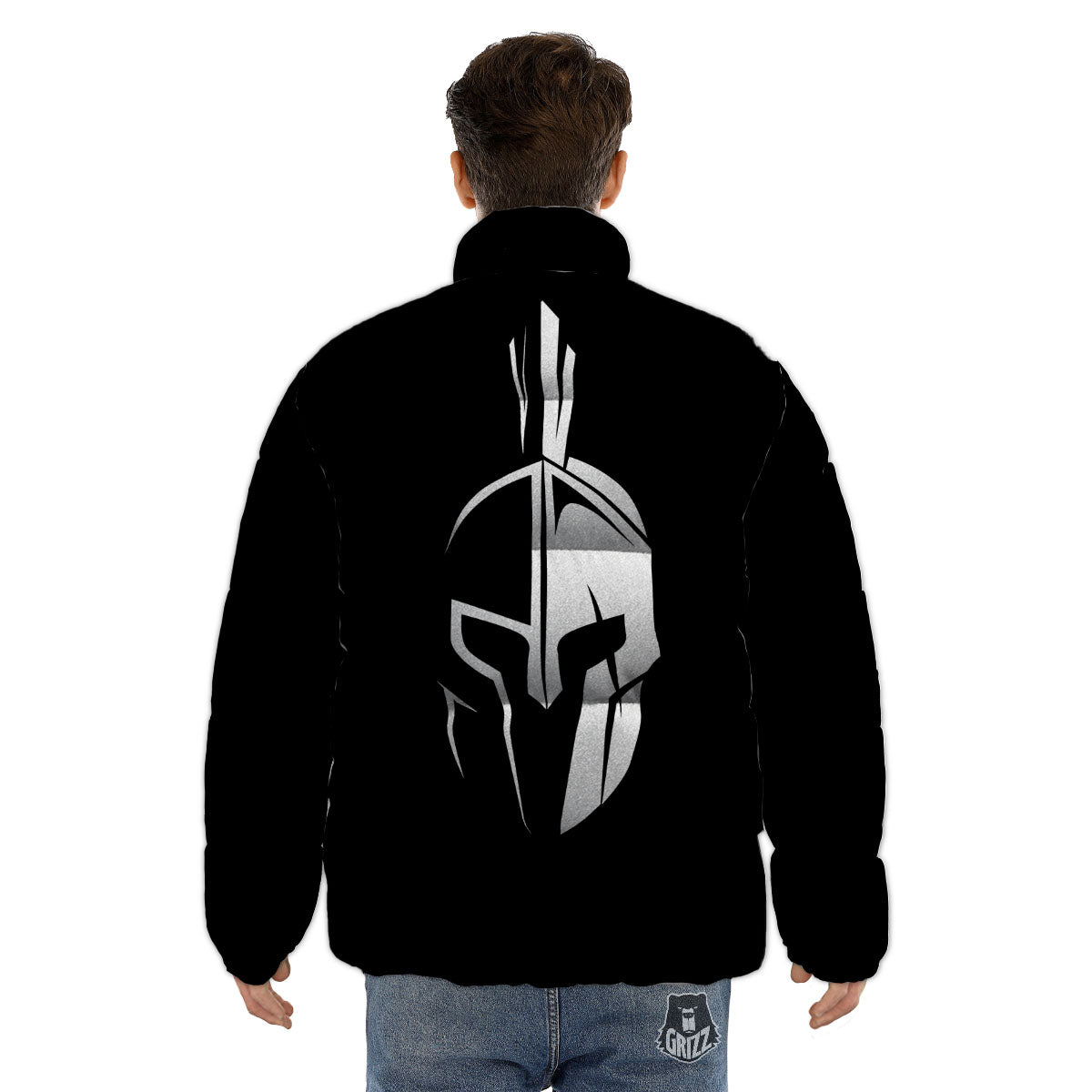 Spartan Helmet White And Black Print Puffer Jacket-grizzshop