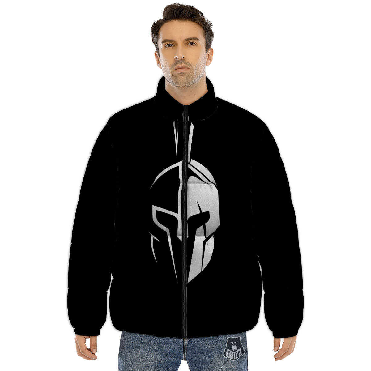 Spartan Helmet White And Black Print Puffer Jacket-grizzshop