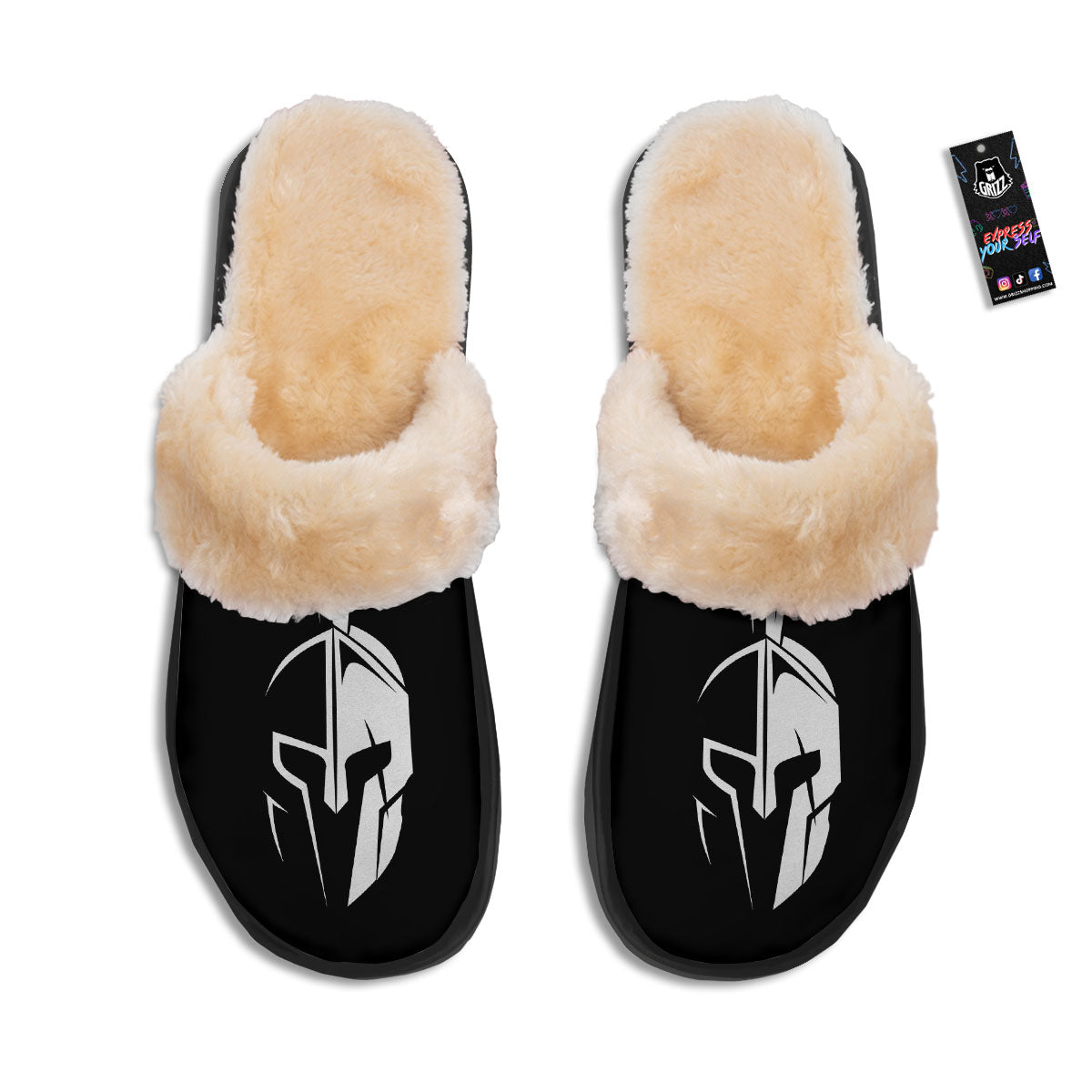 Spartan Helmet White And Black Print Slippers-grizzshop
