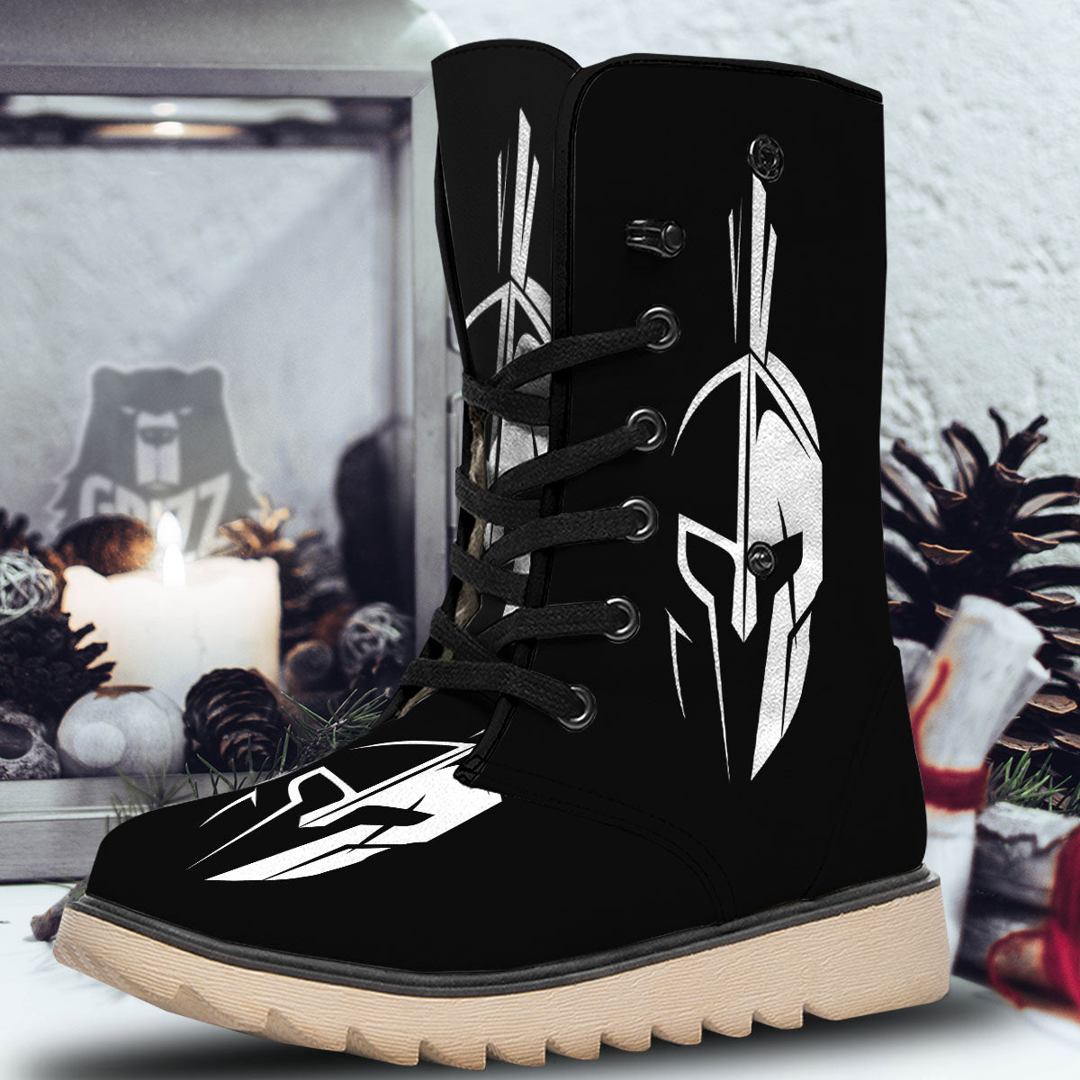 Spartan Helmet White And Black Print Snow Boots-grizzshop