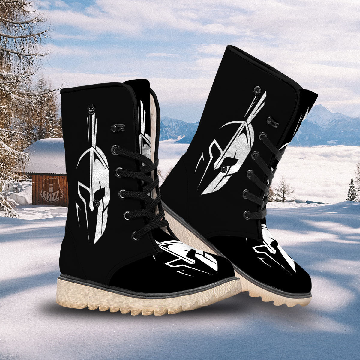 Spartan Helmet White And Black Print Snow Boots-grizzshop