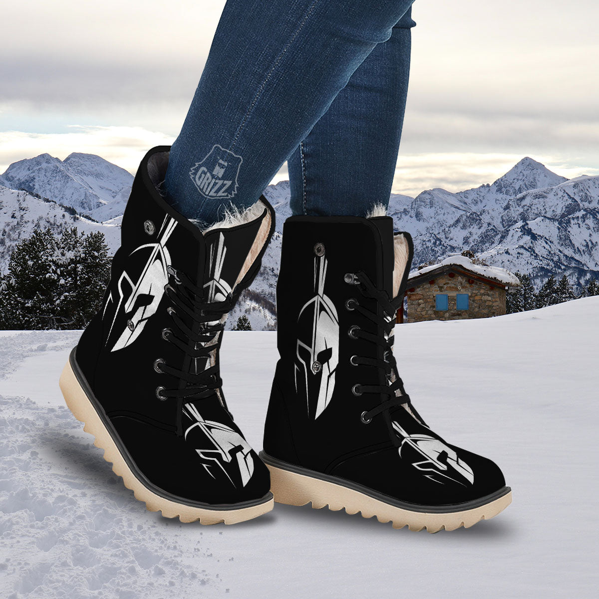 Spartan Helmet White And Black Print Snow Boots-grizzshop