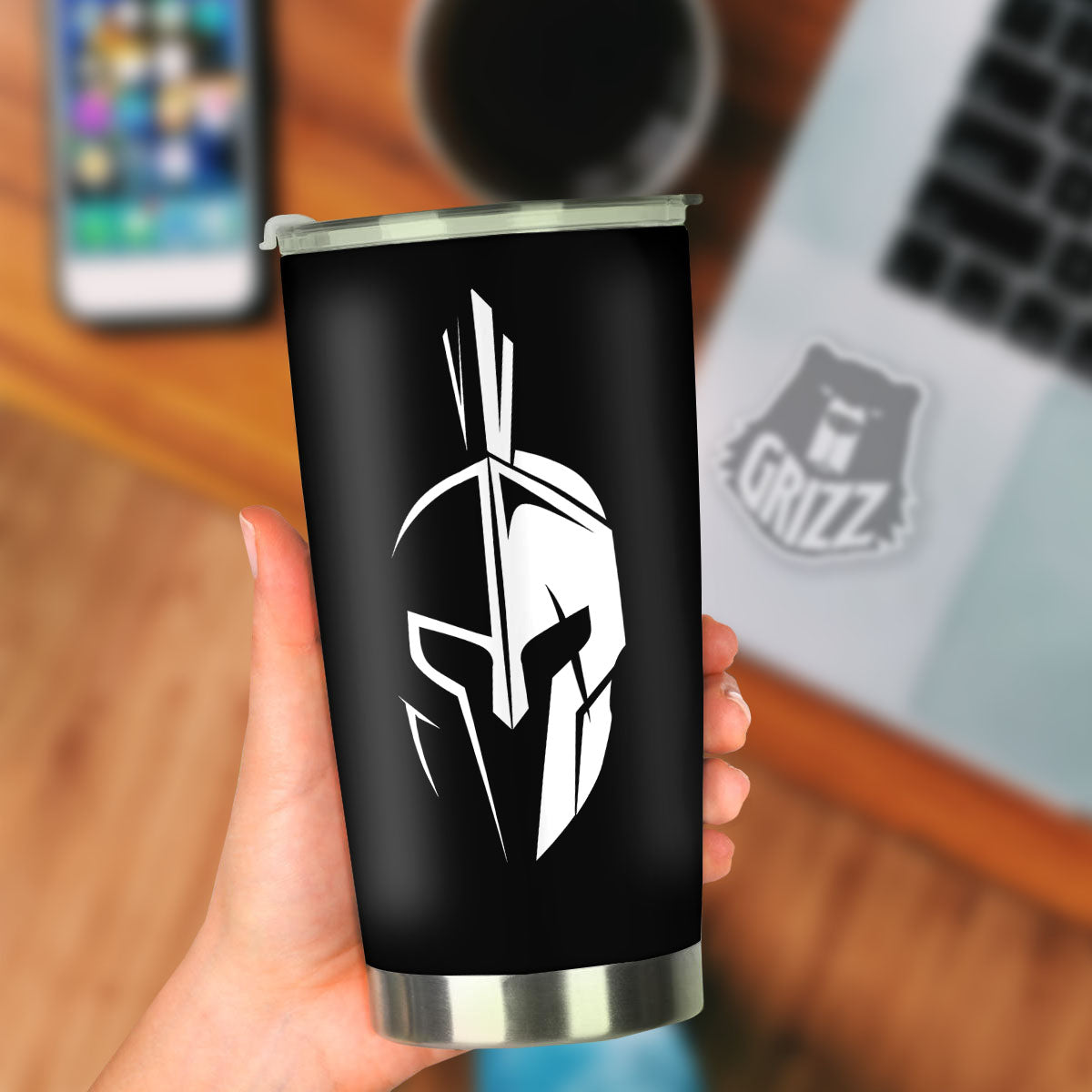 Spartan Helmet White And Black Print Tumbler-grizzshop