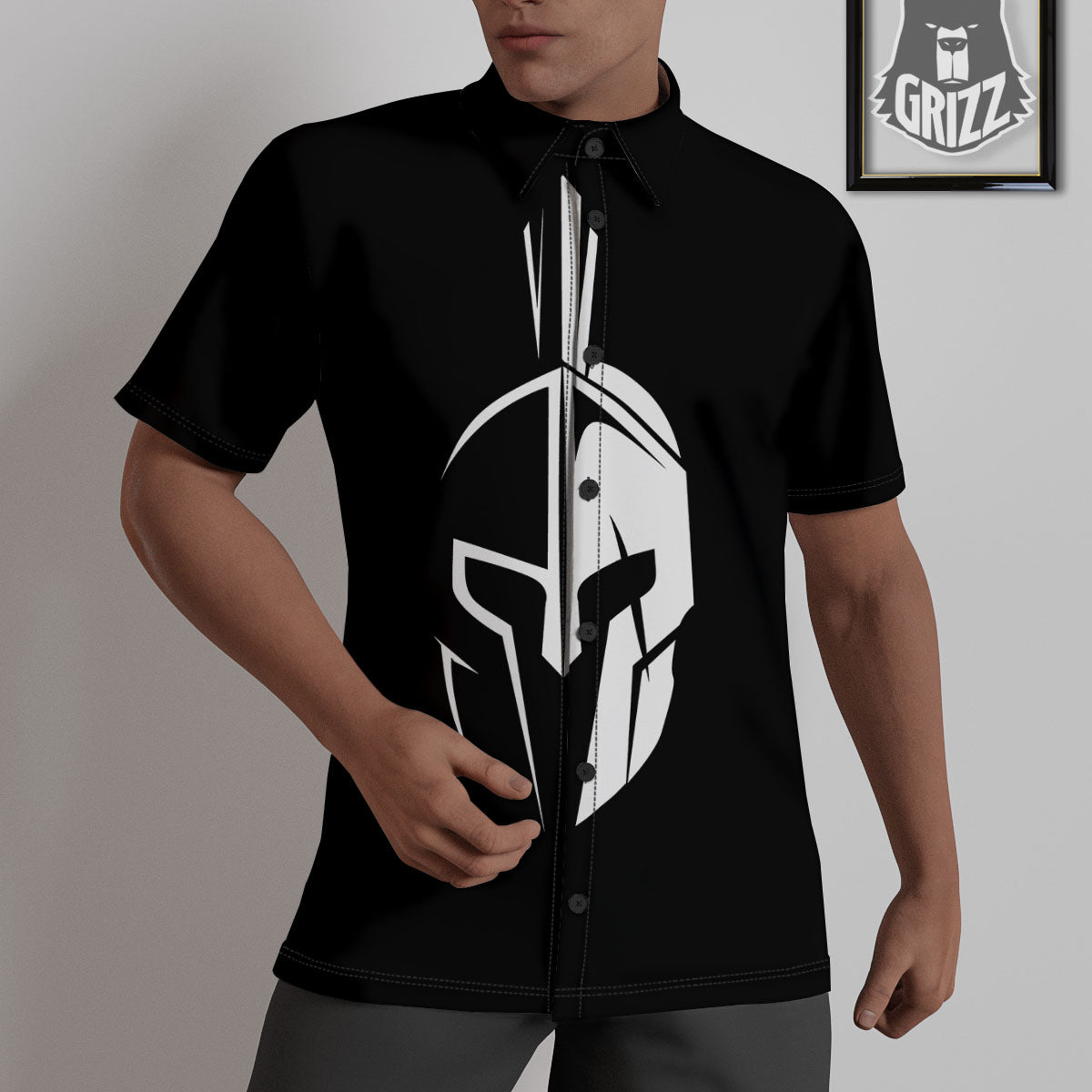 Spartan Helmet White And Black Print Untucked Shirts-grizzshop