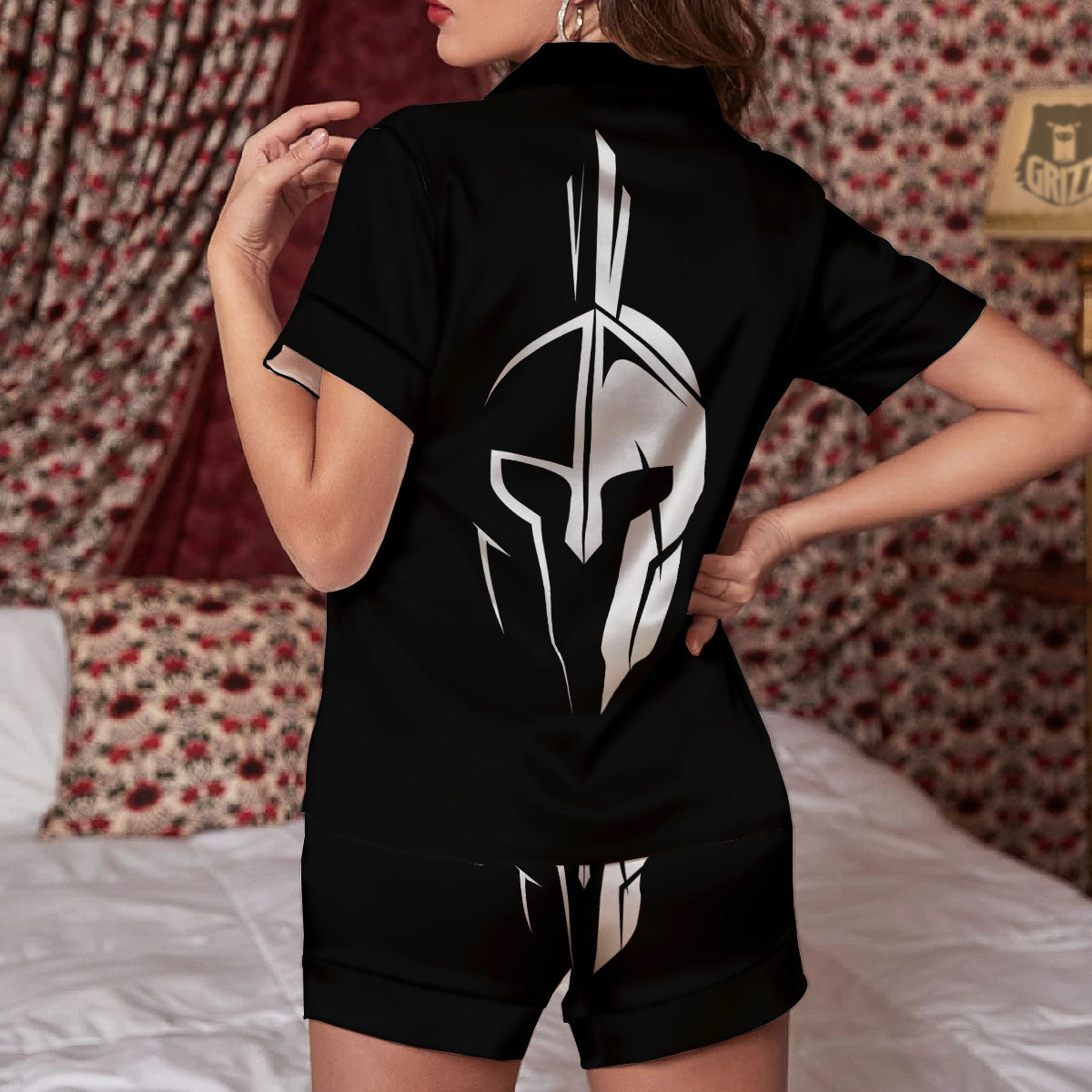 Spartan Helmet White And Black Print Women Silk Pajamas-grizzshop