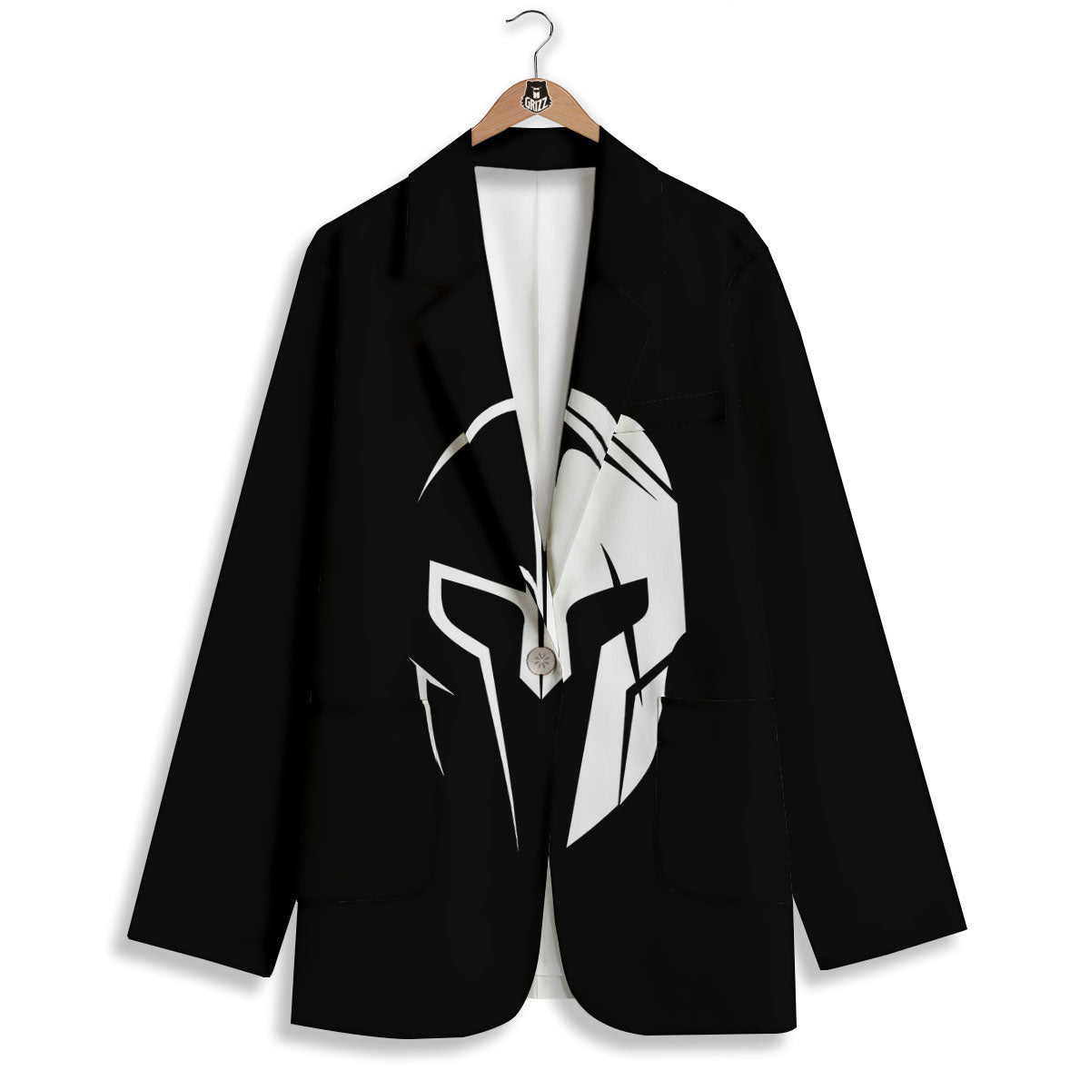 Spartan Helmet White And Black Print Women's Blazer-grizzshop