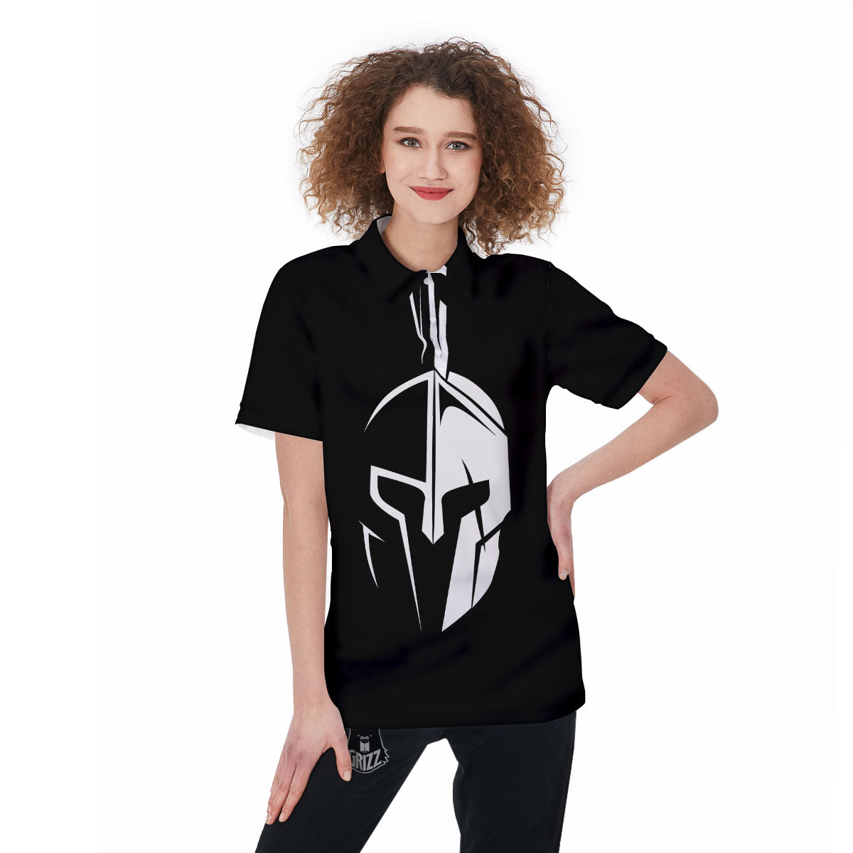 Spartan Helmet White And Black Print Women's Golf Shirts-grizzshop