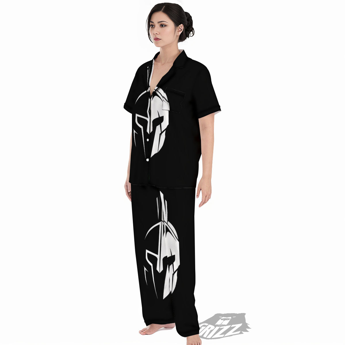 Spartan Helmet White And Black Print Women's Pajamas Set-grizzshop