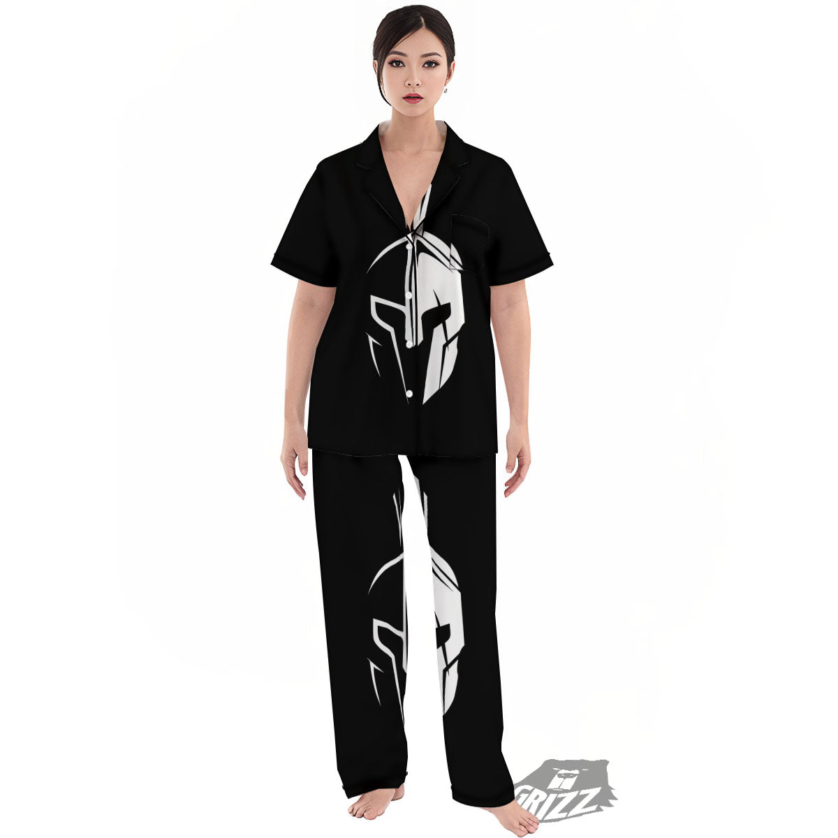 Spartan Helmet White And Black Print Women's Pajamas Set-grizzshop