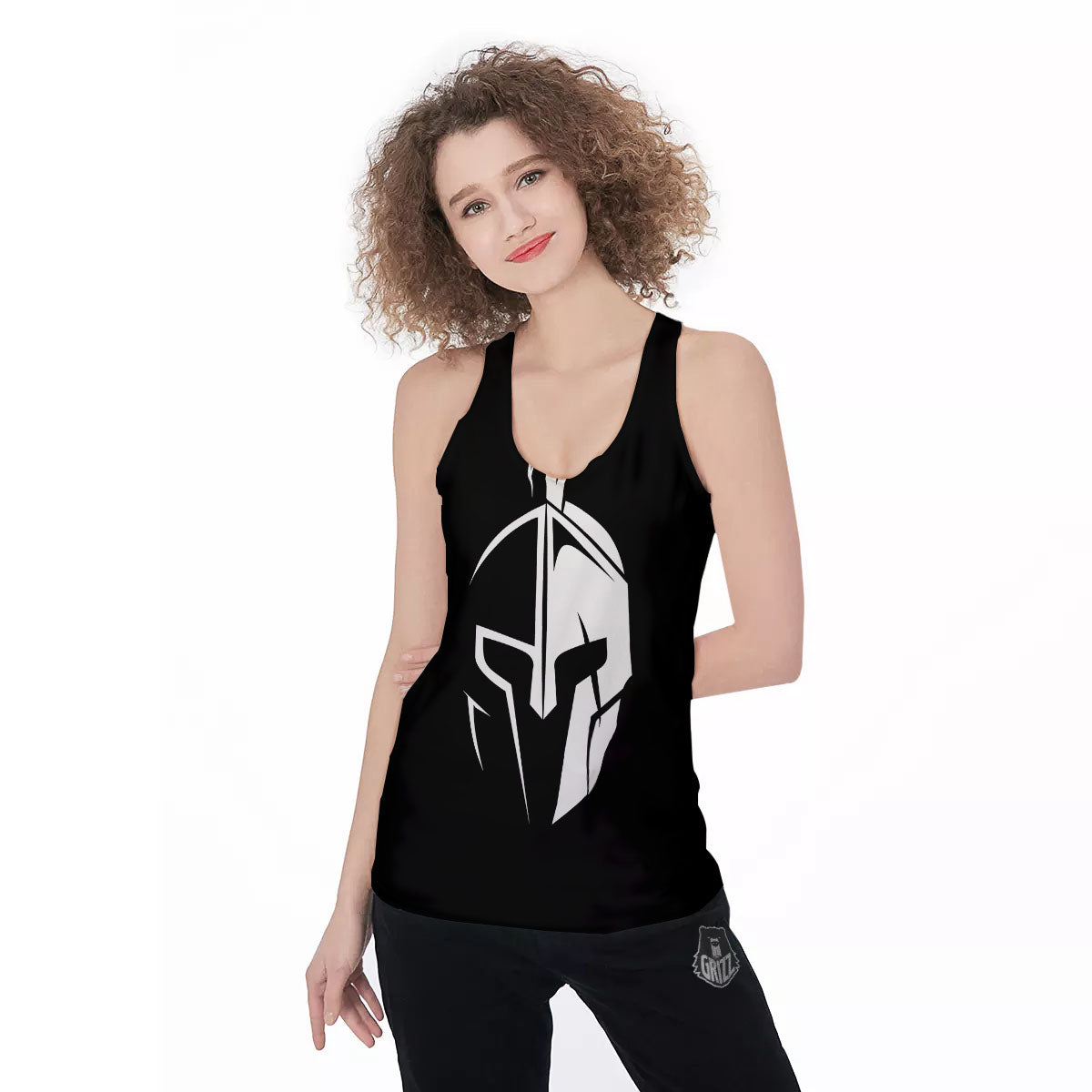 Spartan Helmet White And Black Print Women's Racerback Tank Top-grizzshop