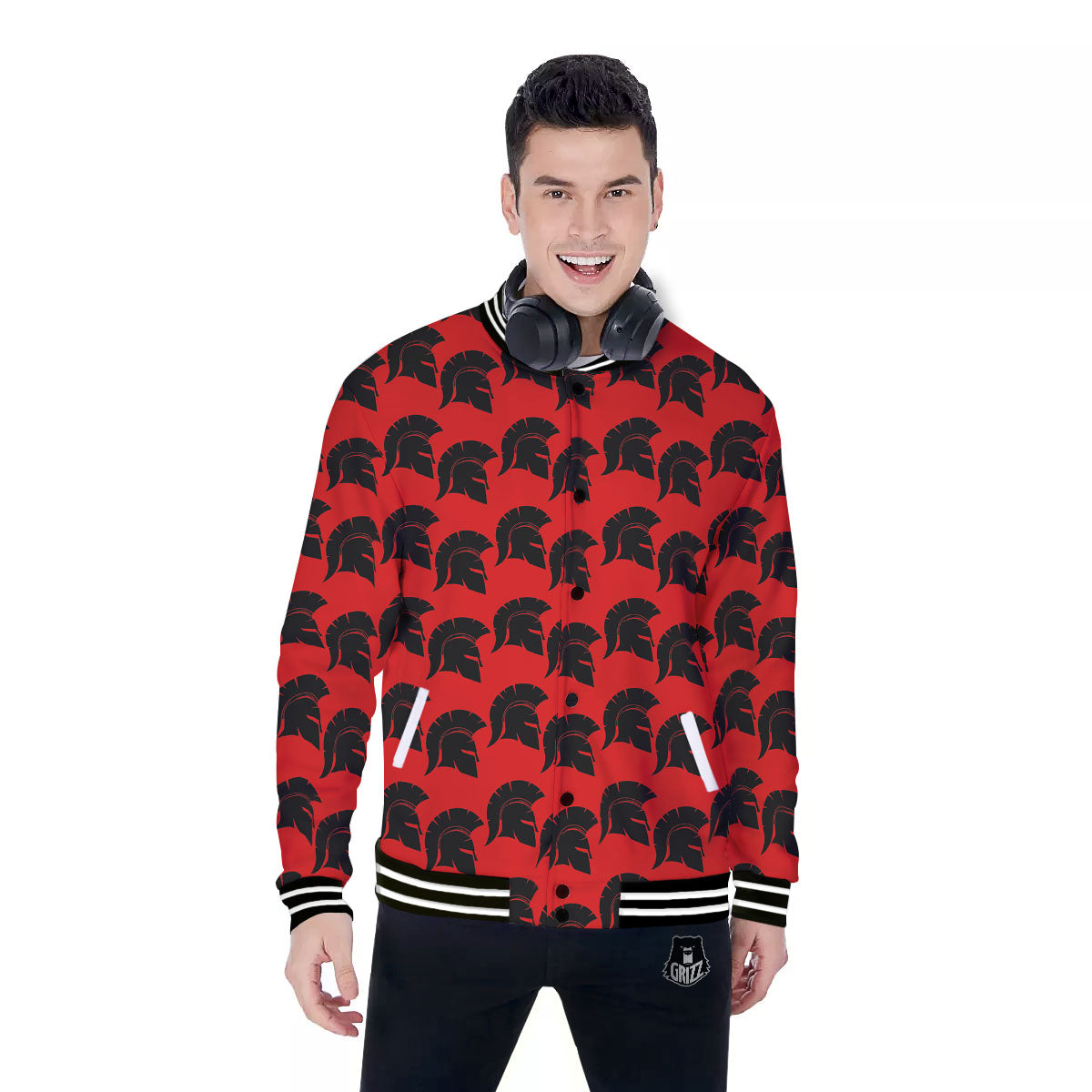 Spartan Red And Black Print Pattern Baseball Jacket-grizzshop