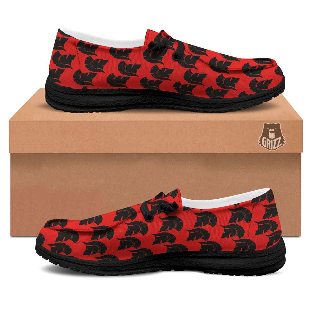 Spartan Red And Black Print Pattern Black Loafers-grizzshop