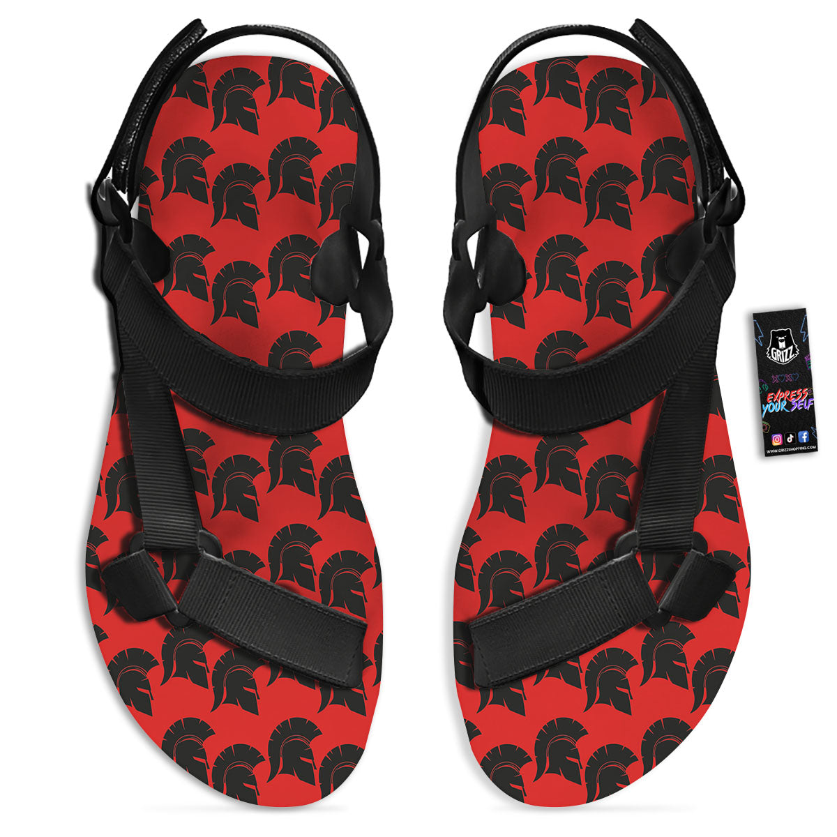 Spartan Red And Black Print Pattern Black Open Toe Sandals-grizzshop