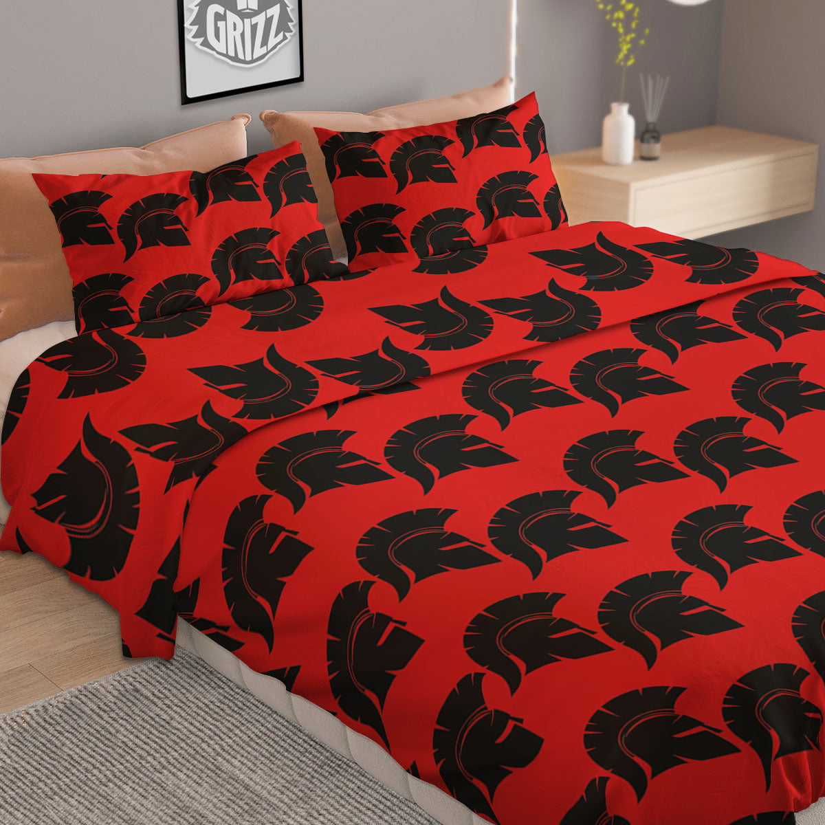 Spartan Red And Black Print Pattern Duvet Cover Bedding Set