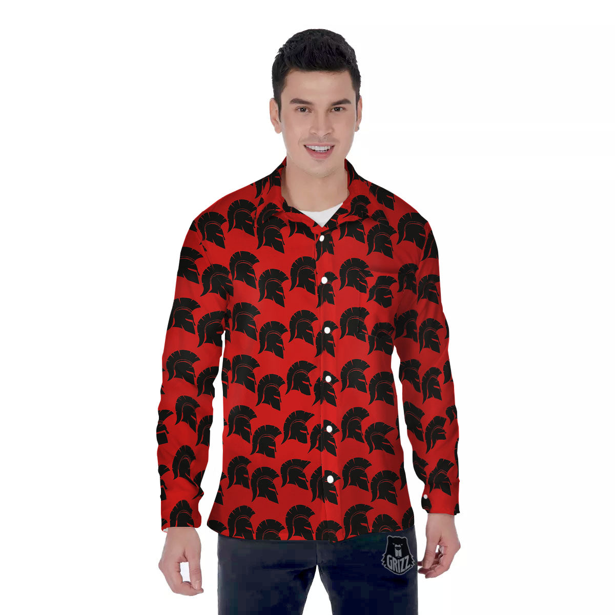Spartan Red And Black Print Pattern Men's Long Sleeve Shirts-grizzshop