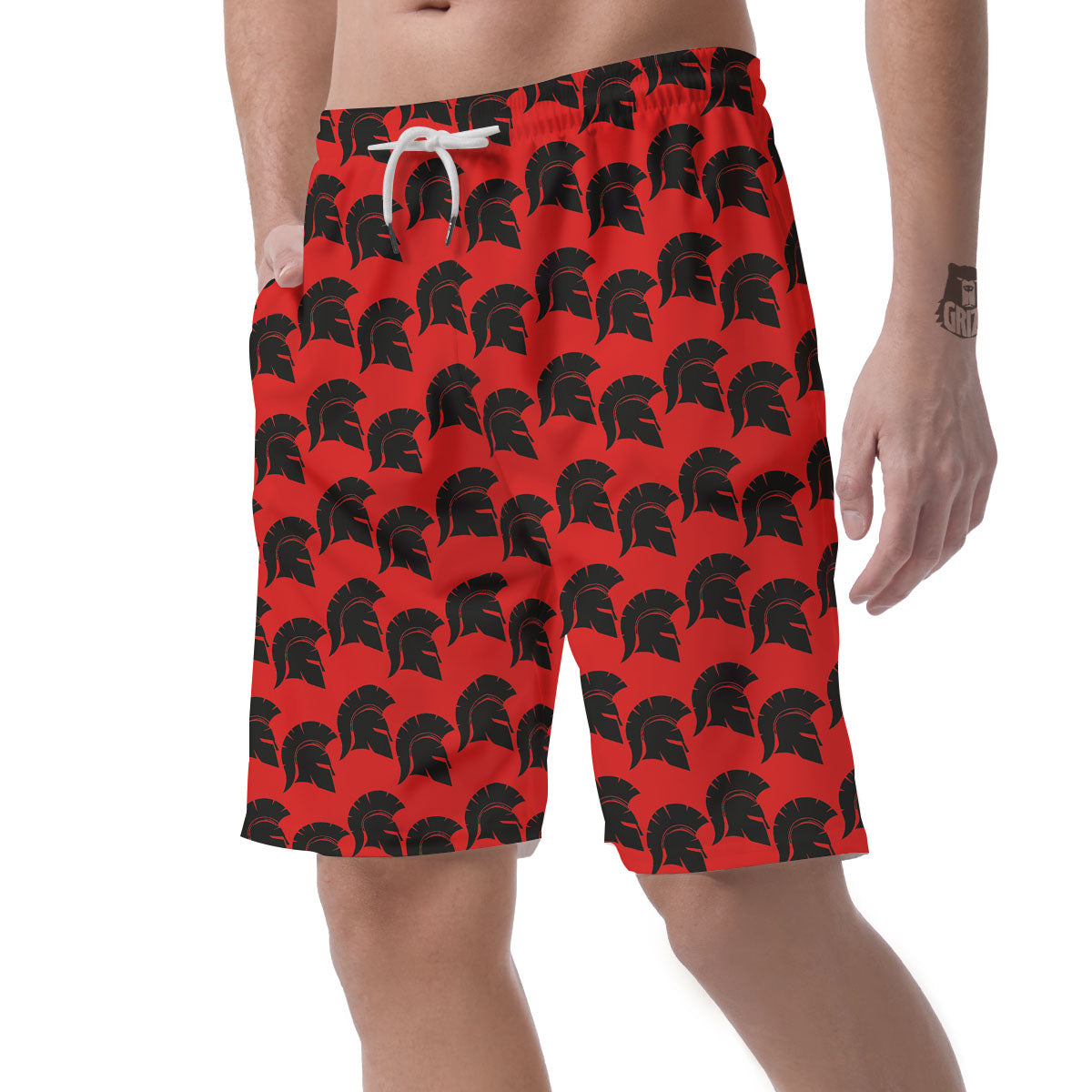 Spartan Red And Black Print Pattern Men's Shorts-grizzshop
