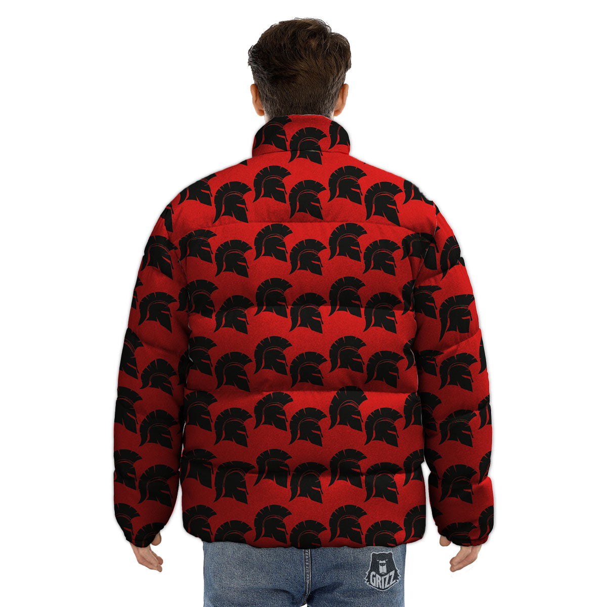 Spartan Red And Black Print Pattern Puffer Jacket-grizzshop