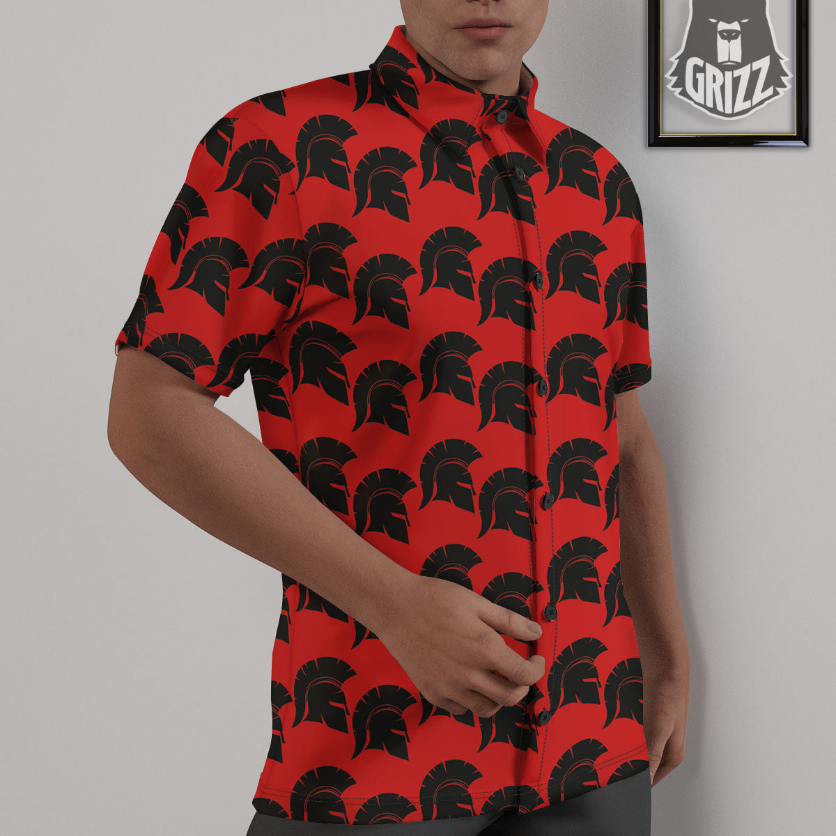 Spartan Red And Black Print Pattern Untucked Shirts-grizzshop