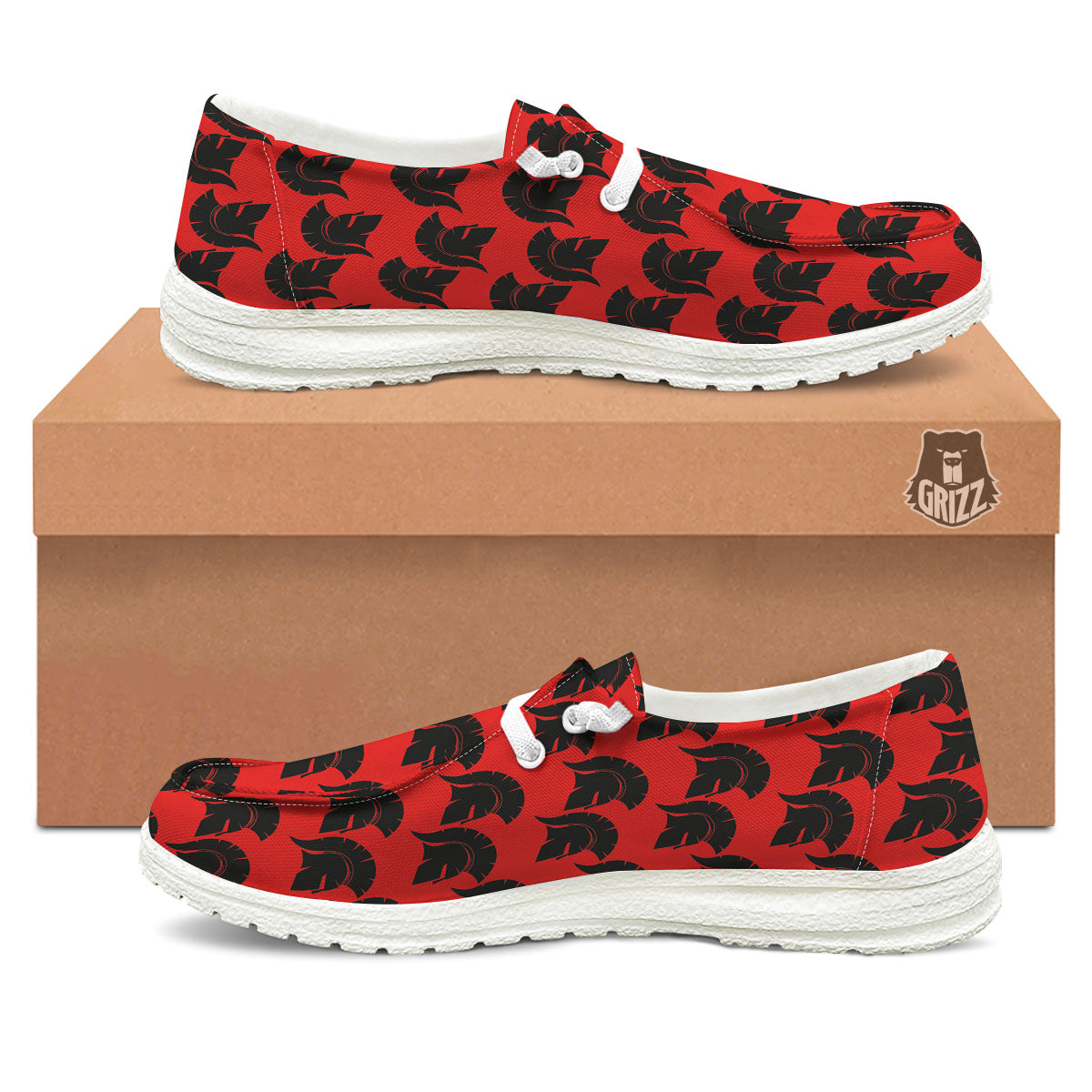 Spartan Red And Black Print Pattern White Loafers-grizzshop