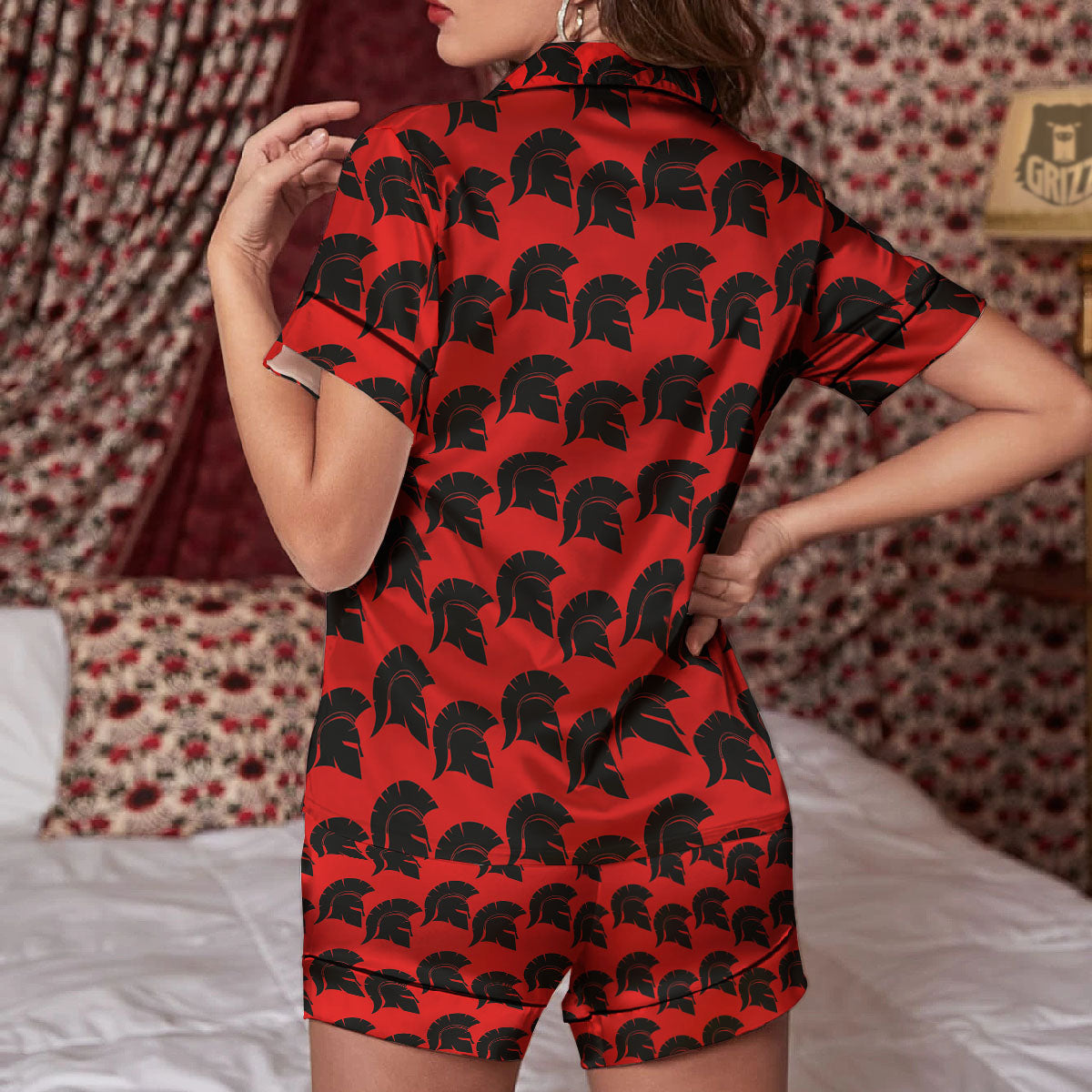 Spartan Red And Black Print Pattern Women Silk Pajamas-grizzshop