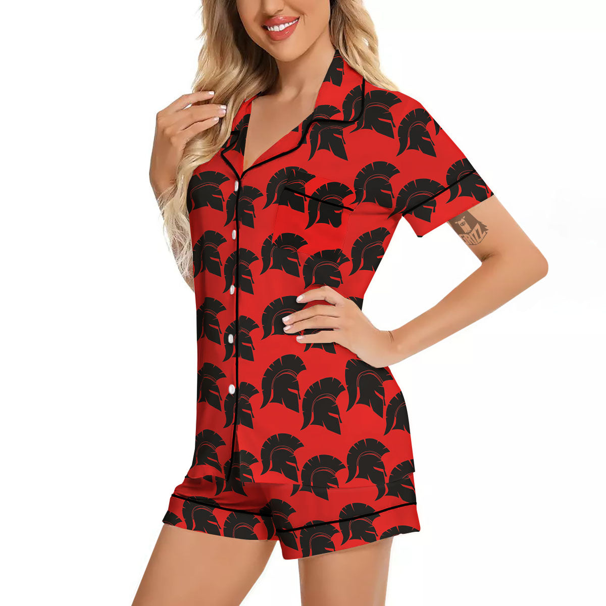 Spartan Red And Black Print Pattern Women Silk Pajamas-grizzshop