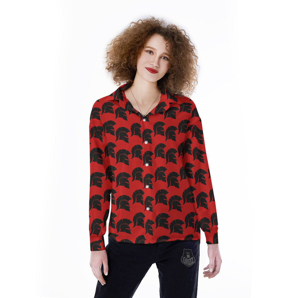 Spartan Red And Black Print Pattern Women's Long Sleeve Shirts-grizzshop