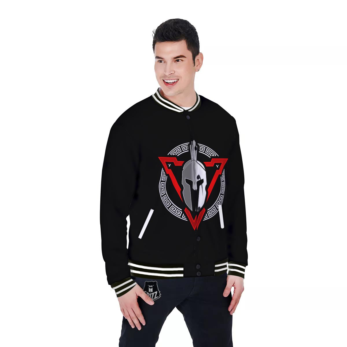 Spartan Red And White Print Baseball Jacket-grizzshop