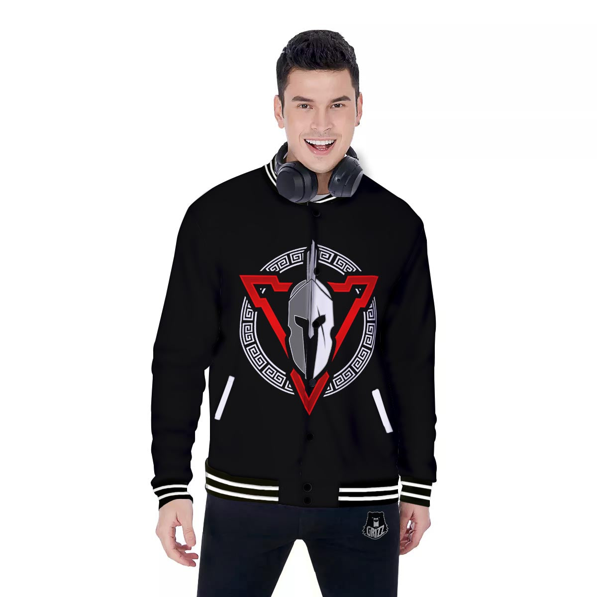 Spartan Red And White Print Baseball Jacket-grizzshop