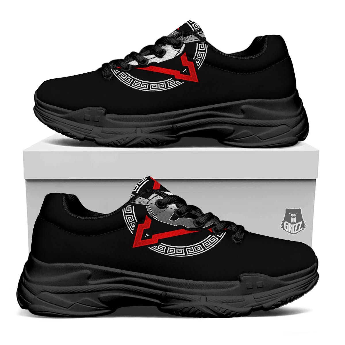 Spartan Red And White Print Black Chunky Shoes-grizzshop