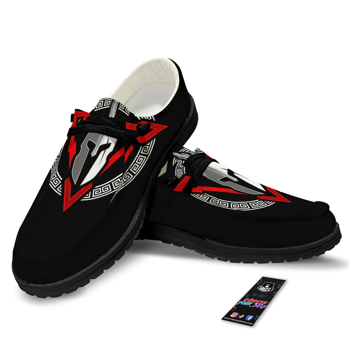Spartan Red And White Print Black Loafers-grizzshop