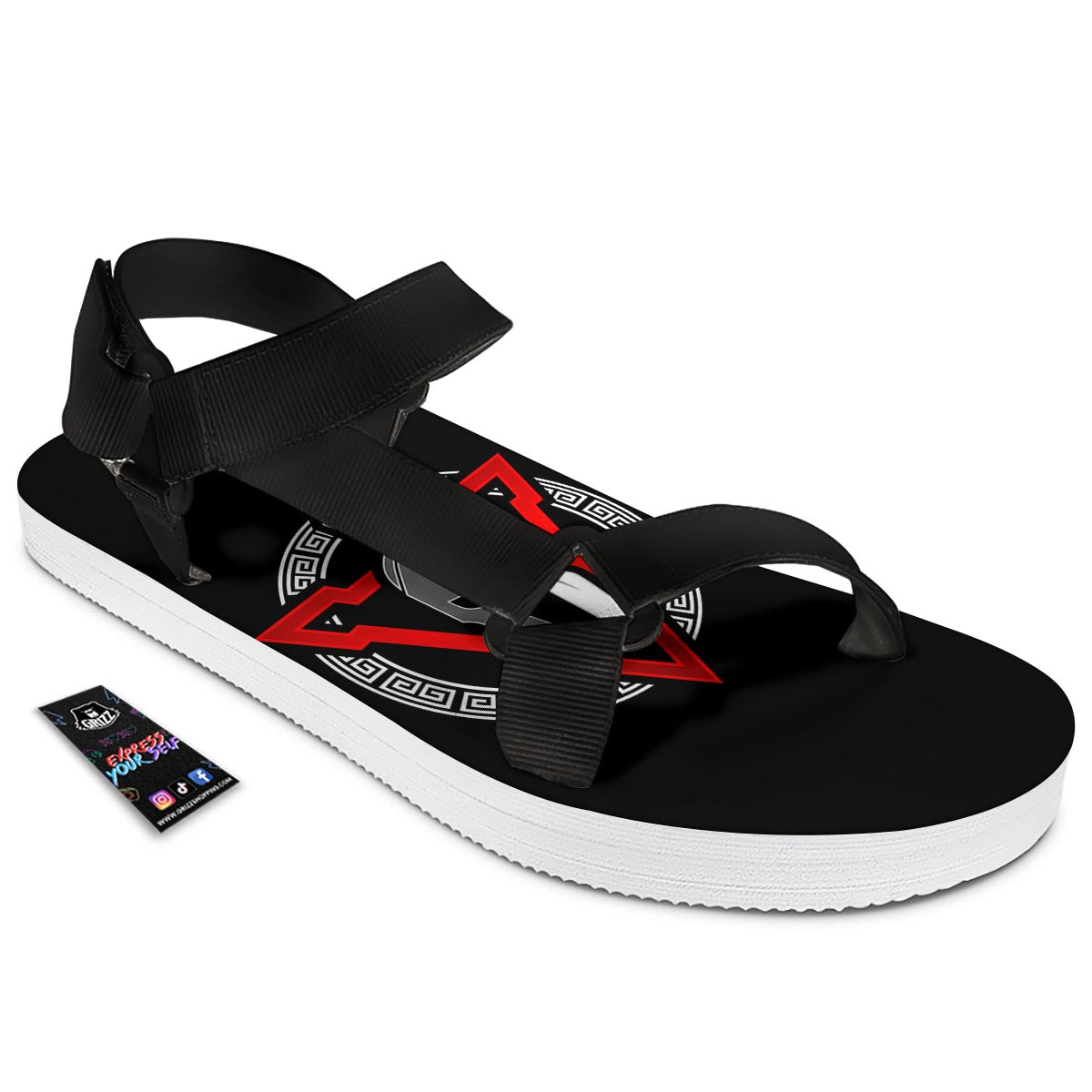 Spartan Red And White Print Black Open Toe Sandals-grizzshop