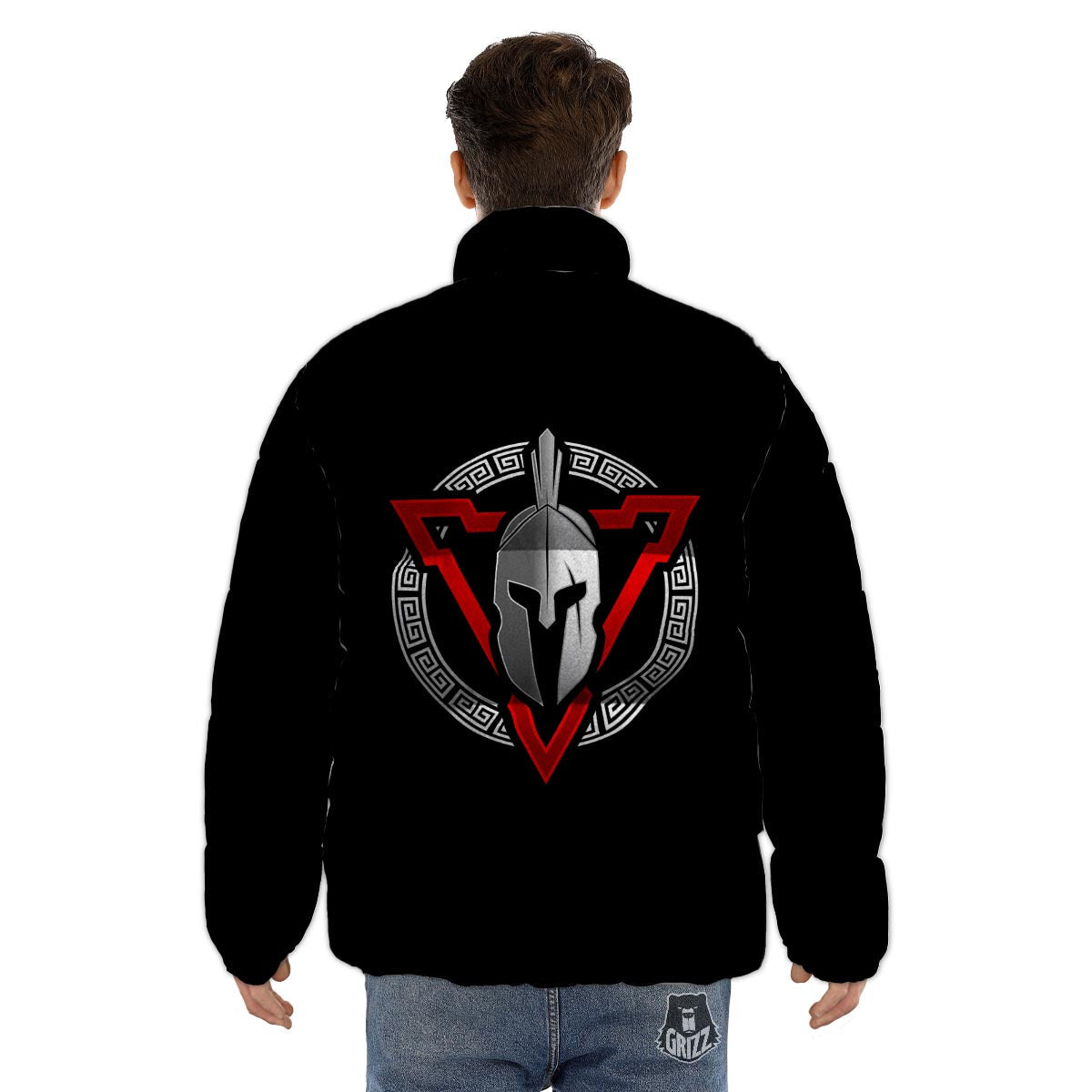 Spartan Red And White Print Puffer Jacket-grizzshop