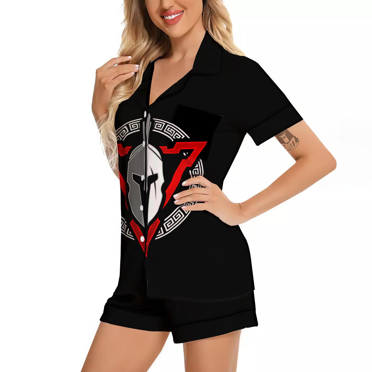 Spartan Red And White Print Women Silk Pajamas-grizzshop