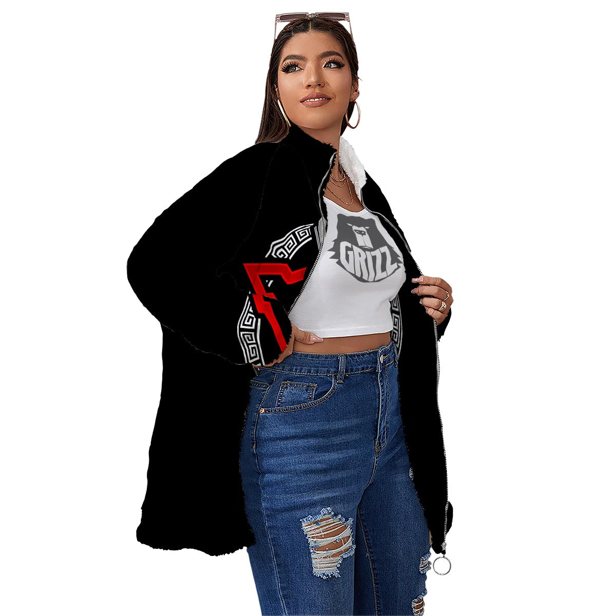 Spartan Red And White Print Women's Sherpa Jacket-grizzshop