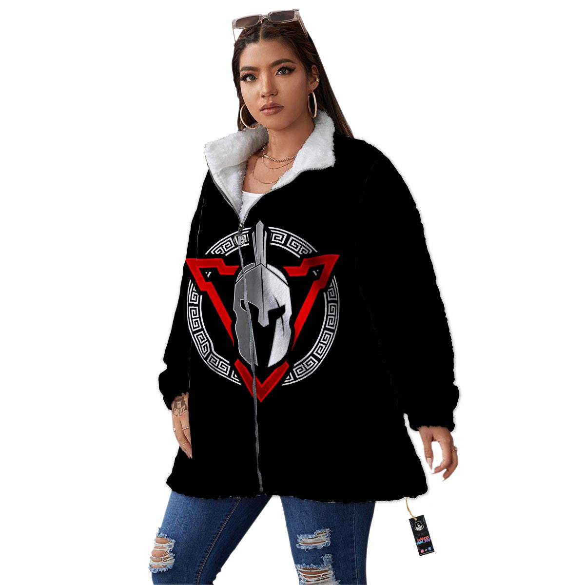 Spartan Red And White Print Women's Sherpa Jacket-grizzshop